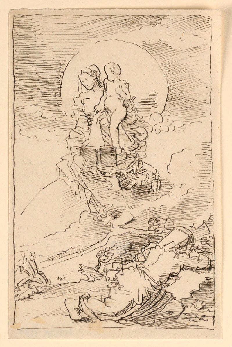 A pencil sketch drawing of a Hermit laying face down at the base of a small hill while the future of a virgin and a baby sit at the top of the hill, the full moon rising behind them. A pencil sketch drawing of a Hermit laying face down at the base of a small hill while the future of a virgin and a baby sit at the top of the hill, the full moon rising behind them.