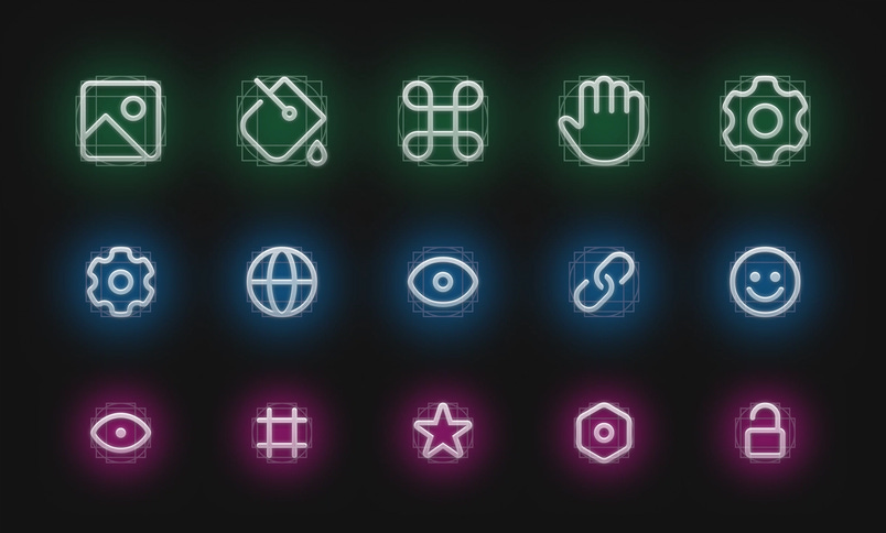 A grid of icons with alignment guides, illustrating design principles for creating consistent iconography.