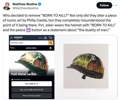 Matthew Modine tweet about Born to Kill removalfrom  Full Metal Jacket movie poster