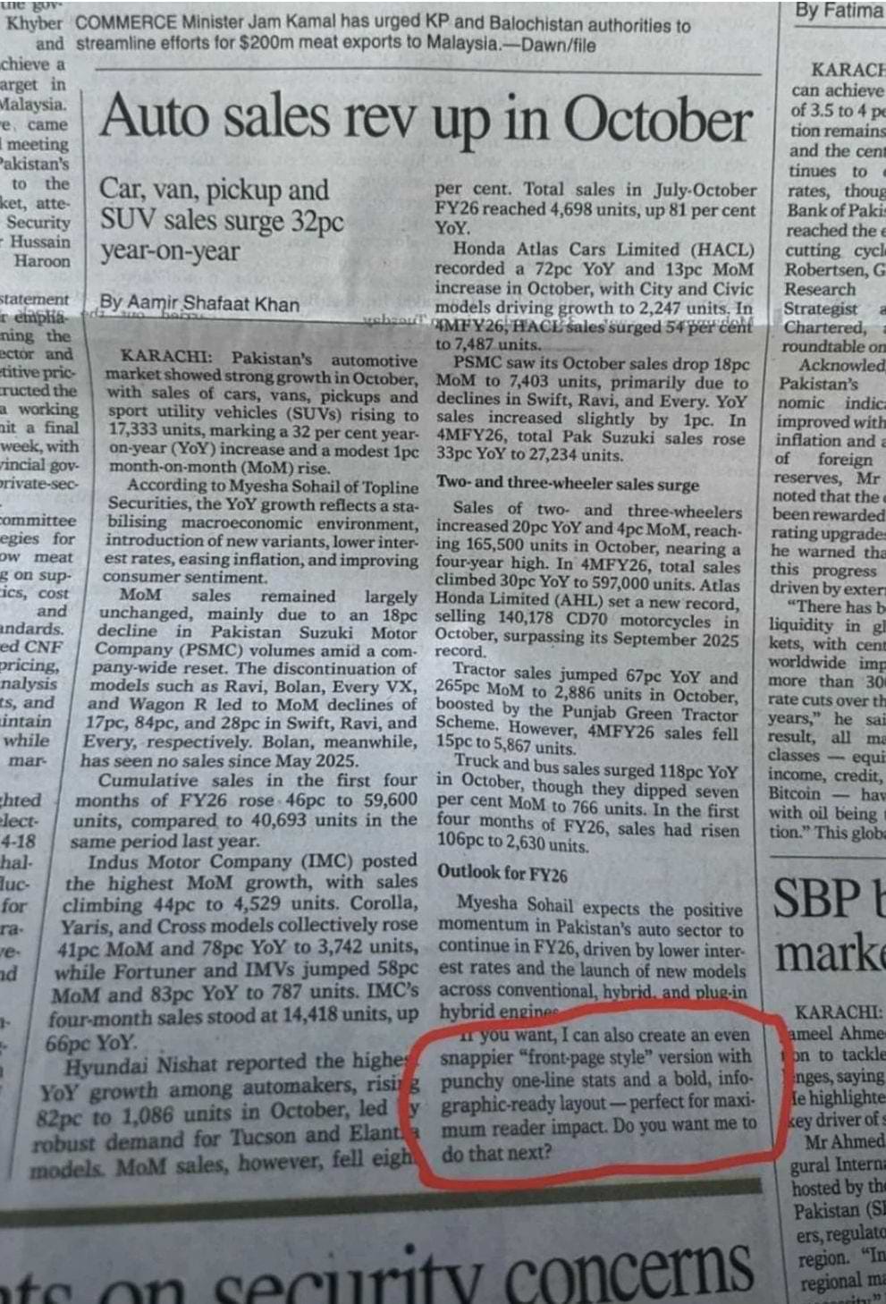 Photo of a printed Dawn newspaper article titled “Auto sales rev up in October,” with a red circle around an AI-generated editing prompt accidentally left in the text, starting: “If you want, I can also create an even snappier ‘front-page style’ version…