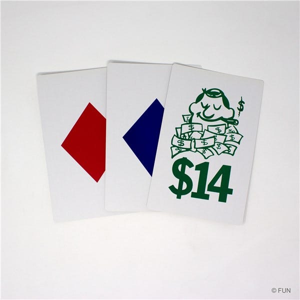 Three playing card, one with a red diamond on it, one with a blue diamond on it and another one will a green illustration of a man surrounded by dollar bills and $14 printed on it. Three playing card, one with a red diamond on it, one with a blue diamond on it and another one will a green illustration of a man surrounded by dollar bills and $14 printed on it.