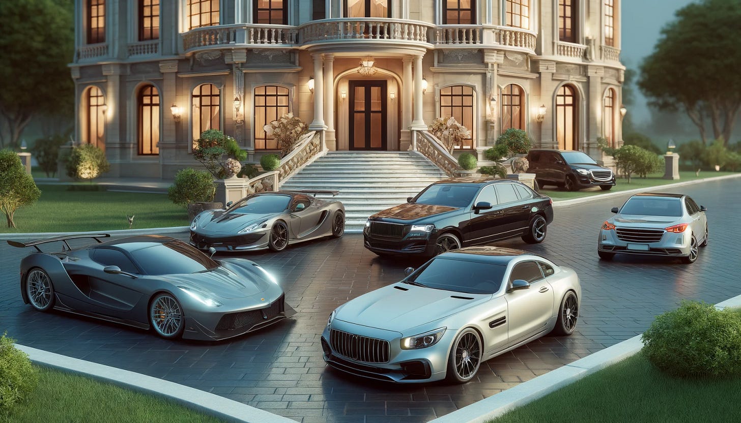 A collection of nice luxury cars parked in front of an elegant building. The cars include high-end models such as a sleek sports car, a luxury sedan, and a stylish SUV. The background includes a sophisticated setting with well-maintained landscaping, adding to the overall sense of opulence and prestige.