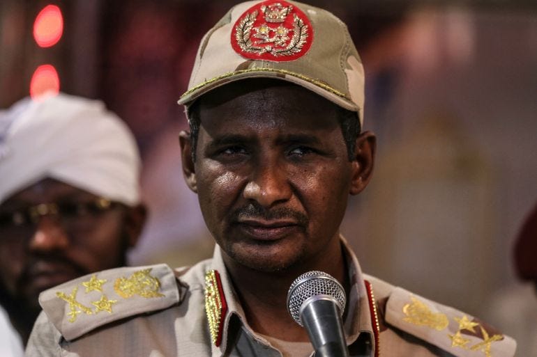 In this Saturday, May 18, 2019 photo, Gen. Mohammed Hamdan Dagalo, better known as Hemedti, the deputy head of the military council that assumed power in Sudan after the overthrow of President Omar al-Bashir, speaks at a press conference after a Ramadan event, in Khartoum, Sudan. Dagalo says he refused orders from al-Bashir to fire on the protesters, and he praised them as recently as last weekend. Many likely see him as an ally against the Islamic movement that orchestrated al-Bashir’s 1989 coup and underpinned his regime. (AP Photo)