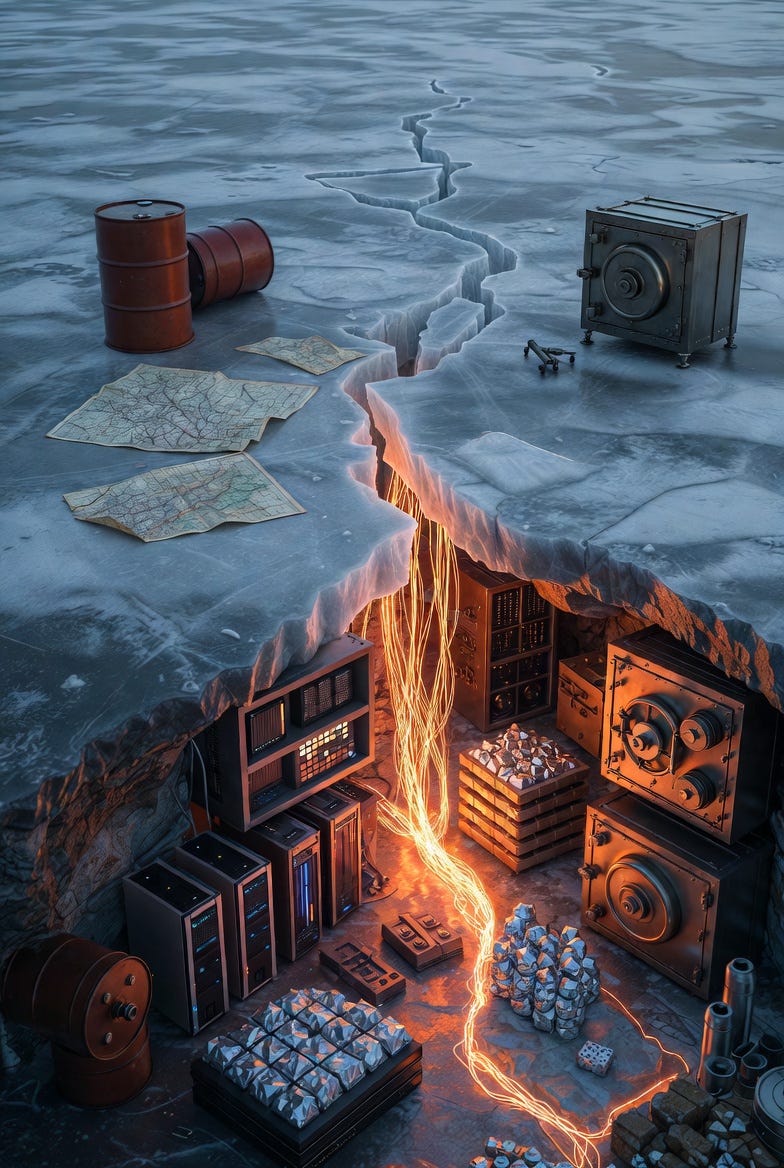 A photograph of a frozen lake with a crack revealing an underworld of modern elements beneath.