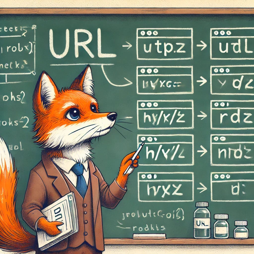 A creative illustration showing a fox carefully designing and labeling URLs on a chalkboard, with examples of neat, well-organized URLs. The fox looks thoughtful, symbolizing the precision of URL design. In the background, there are coding elements to reflect the tech context.