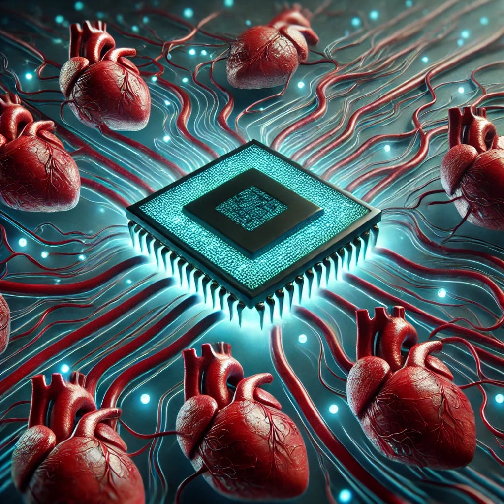 A futuristic digital illustration showing a computer chip seamlessly integrating into a network of blood vessels, resembling the connections on a circuit board. The computer chip appears embedded, with glowing lines extending from it into the vessels to symbolize technological integration with biology. The blood vessels are detailed and lifelike, while the computer chip is sleek and modern, emitting a soft blue glow. The background is dark and minimal, highlighting the fusion of technology and biology in a high-tech, sci-fi aesthetic.
