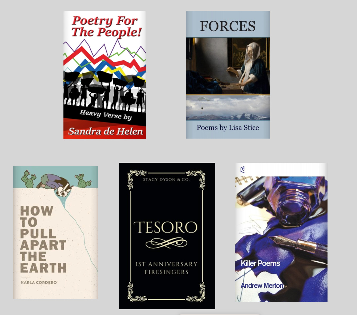 Covers of five books of poetry against a grey background