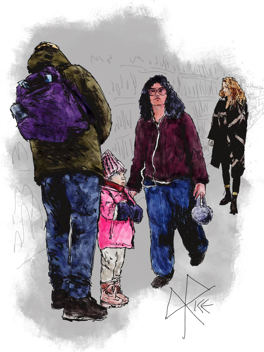 A view down an aisle in a store as people in winter clothes walk and shop. Sketch art by Don Rice.
