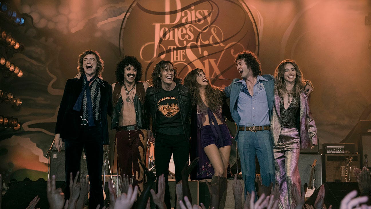 Josh Whitehouse, Sebastian Chacon, Sam Claflin, Riley Keough, Will Harrison, Suki Waterhouse in Daisy Jones and The Six
