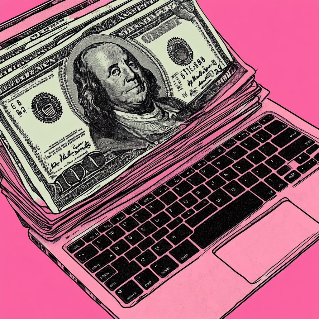 how to make money online writing in 2025 — article key visual, graphical colorful, sketch style, strong pink, black and white oclors, with pack of pink US dollars banknotes stacked and a laptopKey colors “e11a72. flat palepink background how to make money online writing in 2025 — article key visual, graphical colorful, sketch style, strong pink, black and white oclors, with pack of pink US dollars banknotes stacked and a laptopKey colors “e11a72. flat palepink background