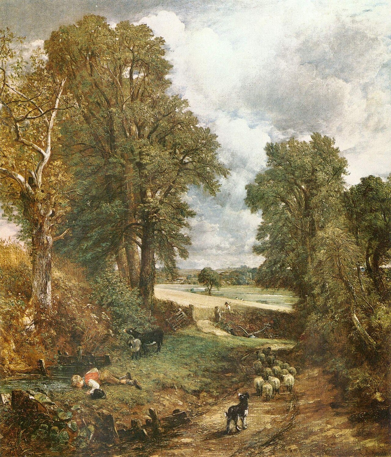 A leafy country lane shaded by tall trees leads past a boy drinking from a stream A leafy country lane shaded by tall trees leads past a boy drinking from a stream