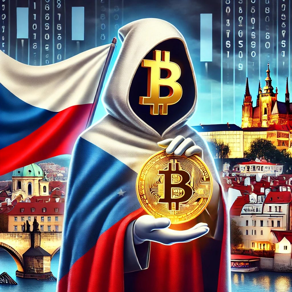 A digital illustration of the Czech Republic represented as a personified character purchasing Bitcoin. The character is wearing a cloak with the Czech flag colors (white, red, and blue) and holding a golden Bitcoin coin. The background features Prague's famous landmarks, such as Charles Bridge and Prague Castle, with a futuristic financial theme. The image conveys the concept of national adoption of cryptocurrency.