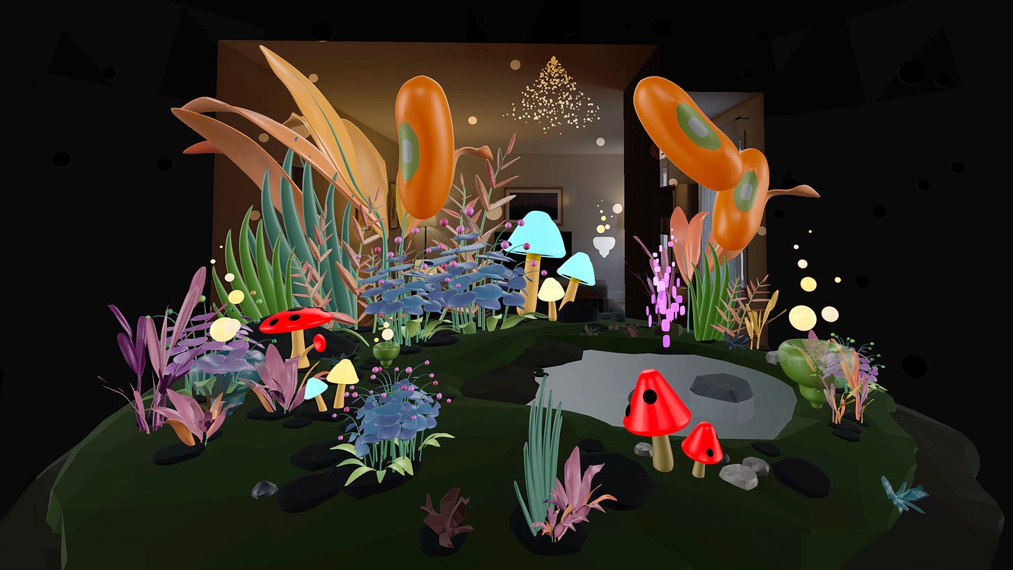 A screenshot from Insight Realm, an XR experience by Binna Lee. A vibrant, low-poly virtual garden with mushrooms in red, blue, purple, and yellow, tall grasses, glowing orb-like fruits floating in the air, and a small pond in the foreground, all rendered on a rounded green terrain against a dark background. The garden is layered over a subtly visible real-world living room, showing the passthrough view characteristic of mixed reality headsets.