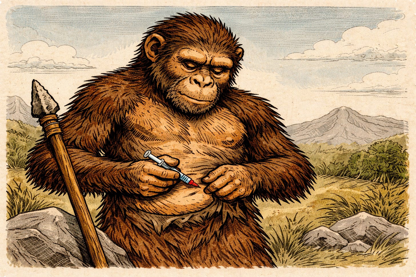 An Australopithecus ape does a subcutaneous injection