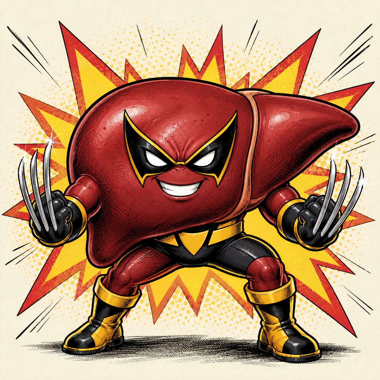 A cartoon liver dressed as Wolverine grins while extending three metal claws from each hand against a comic-book explosion background. A cartoon liver dressed as Wolverine grins while extending three metal claws from each hand against a comic-book explosion background.