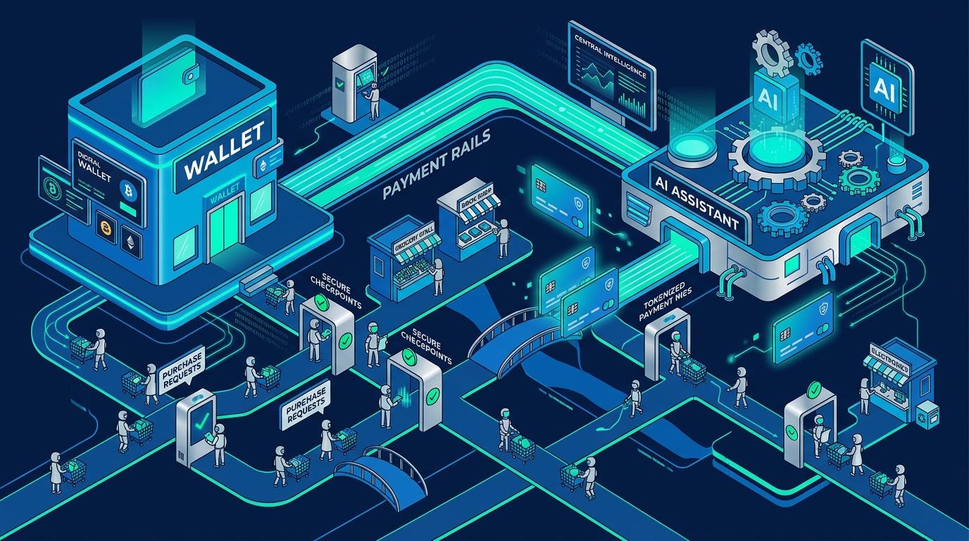Flat isometric illustration of a giant digital wallet connected to an AI assistant through glowing payment rails, small autonomous agent figures carrying shopping carts and purchase requests through secure checkpoints, tokenized payment cards floating between merchants and AI systems, bright teal, blue and silver color palette, clean vector art style, dark background, modern tech editorial aesthetic