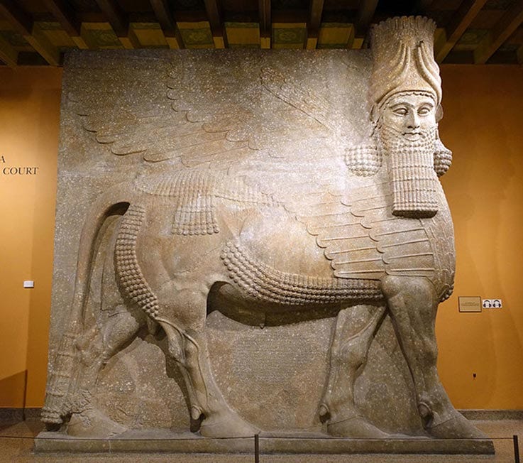 Human-headed winged bull, otherwise known as a Šedu or Lamassu. Neo-Assyrian Period, c. 721-705 BCE 