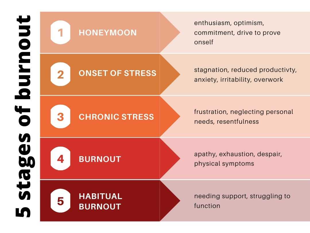 The 5 stages of burnout by Dr Paula Redmond, Clinical Psychologist. Stage 1, Honeymoon, enthusiasm, optimism, commitment, drive to prove oneself. Stage 2, onset of stress, stagnation, reduced productivity, anxiety, irritability, overwork. Stage 3, chronic stress, frustration, neglecting personal needs, resentfulness. Stage 4, burnout, apathy, exhaustion, despair, physical symptoms. Stage 5, habitual burnout, needing support, struggling to function. 