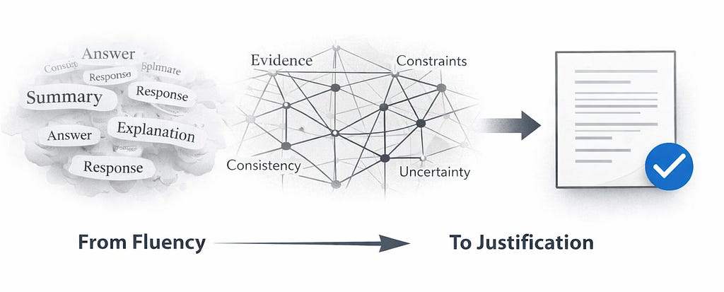 A conceptual diagram showing a cloud of text snippets labeled “Summary,” “Answer,” “Explanation,” and “Response” on the left, feeding into a central network labeled “Evidence,” “Constraints,” “Consistency,” and “Uncertainty,” which then outputs a single document with a blue checkmark, illustrating the shift from fluency to justification.