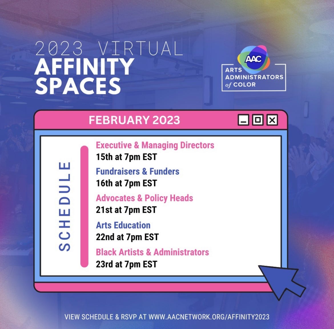 Blue and pink swirly background with an online window and mouse icon. Text details virtual affinity meetups from the AAC. Details can be found on their website.