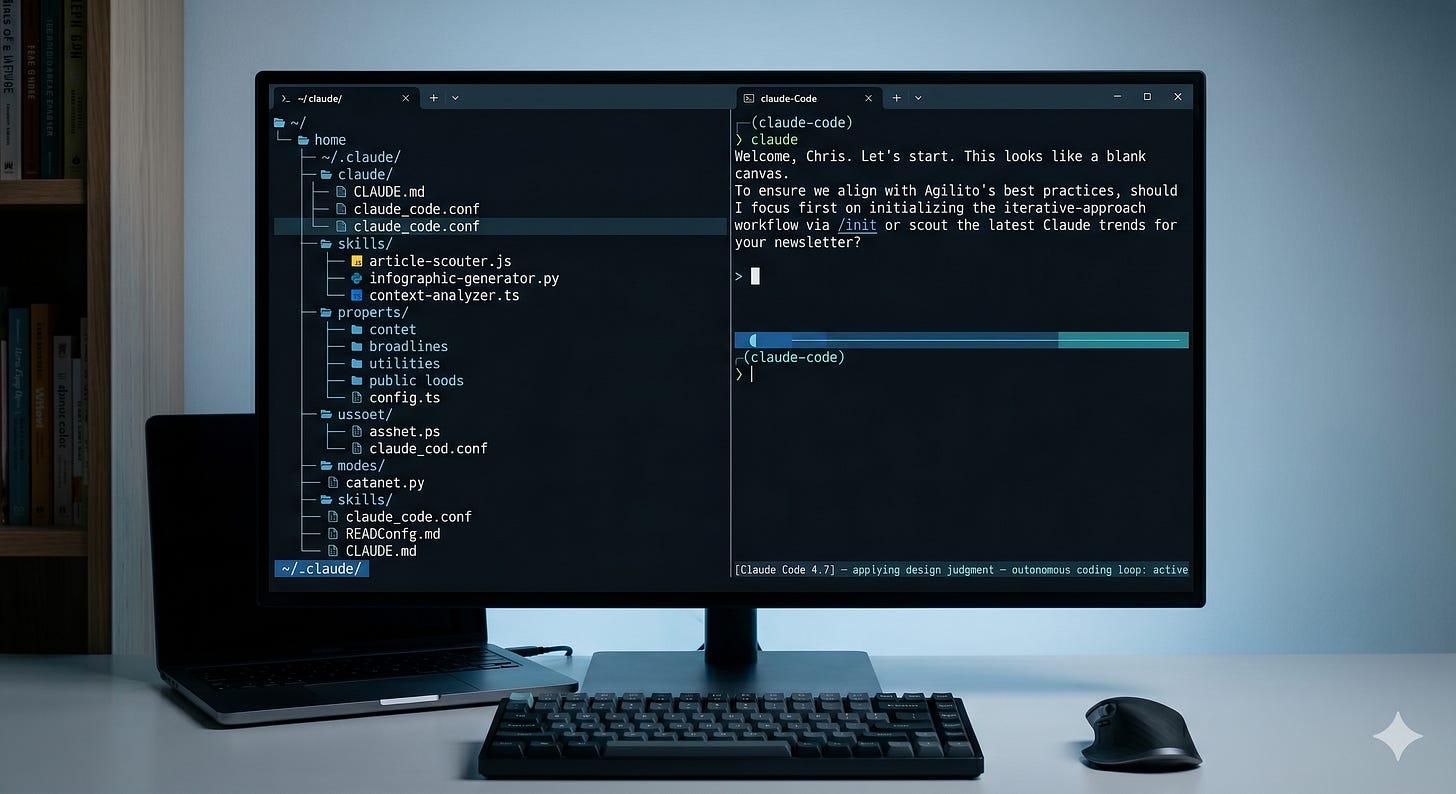 A dark terminal showing a configured Claude Code session — a ~/.claude/ directory structure visible, multiple skills and plugins active, a session that starts with more capability than the default install