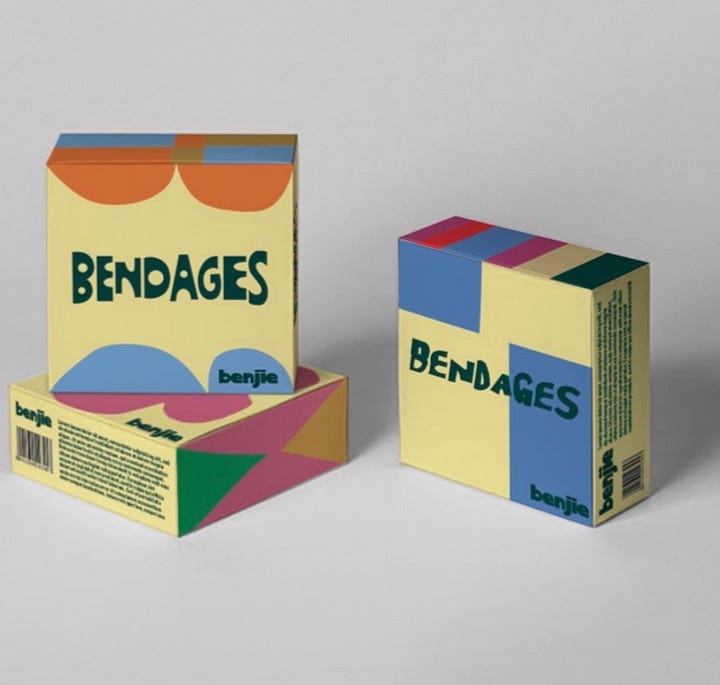 Early Benjie branding concepts the founders decided against, shown beside Tessa Cohen working at a laptop during the product design  process.