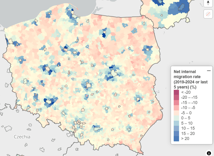 Map of Poland illustrating the net internal migration rate over the last five years. Polish cities attract citizens from the more rural areas. Map of Poland illustrating the net internal migration rate over the last five years. Polish cities attract citizens from the more rural areas.