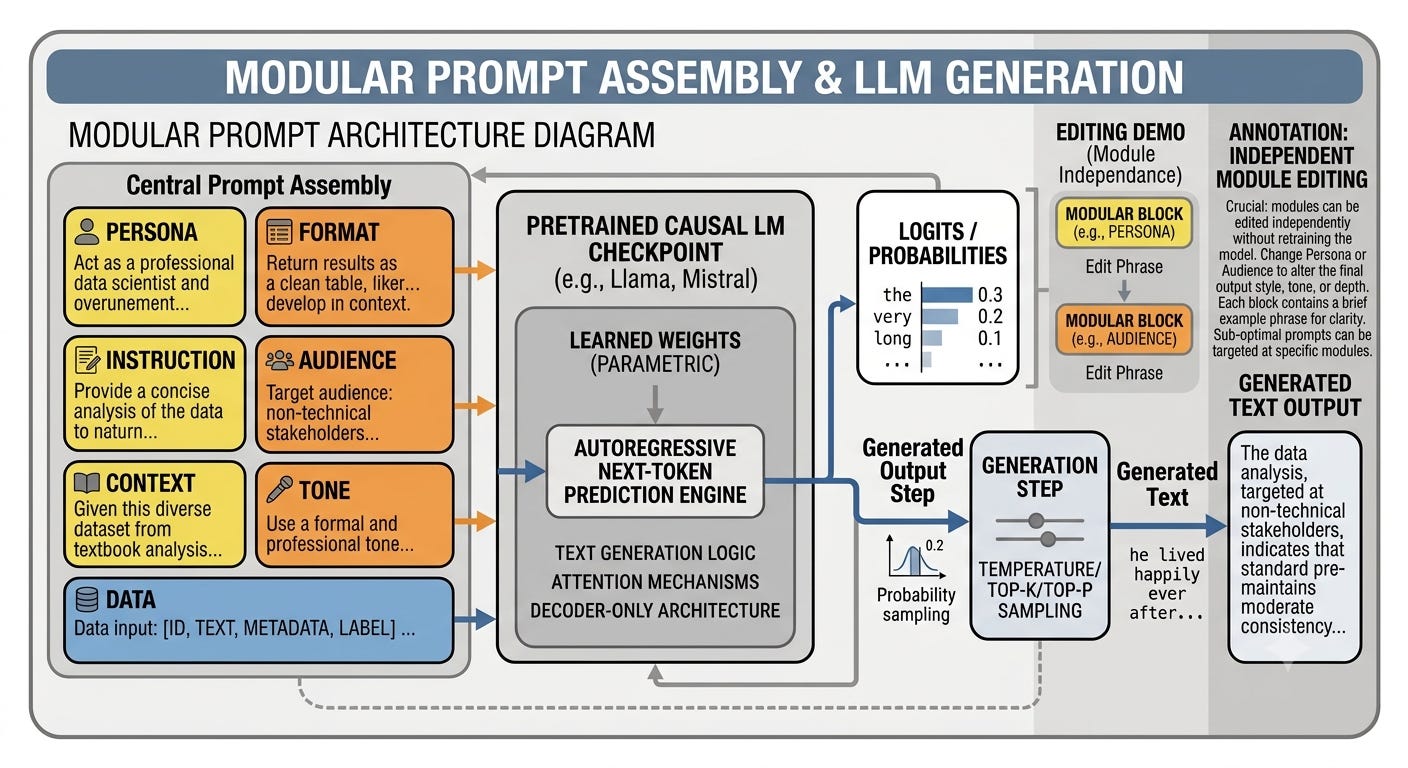 Figure 6.5: A modular prompt is composed of reusable fields—persona, instruction, context, format, audience, tone, and data—each contributing a different control signal to the model. Figure 6.5: A modular prompt is composed of reusable fields—persona, instruction, context, format, audience, tone, and data—each contributing a different control signal to the model.