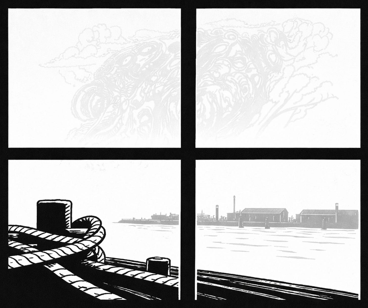Through a crossbarred window, a quiet harbor rests in black and white, rope coiled in the foreground, warehouses low on the horizon, and above them a faint, almost forgotten shape in the sky, as if something from an older story is still lingering there. Through a crossbarred window, a quiet harbor rests in black and white, rope coiled in the foreground, warehouses low on the horizon, and above them a faint, almost forgotten shape in the sky, as if something from an older story is still lingering there.