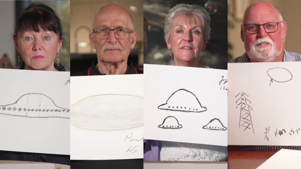 Some of the many witnesses to the “Westall incident” draw what they remember seeing in broad daylight. (Australian Story)