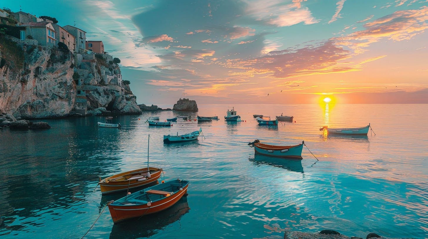 Boats sitting in a tranquil bay at sunset – looks a bit like Italy or Greece