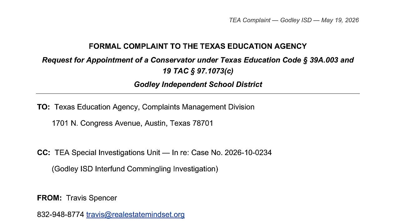Caption of the formal complaint to the Texas Education Agency requesting appointment of a conservator Caption of the formal complaint to the Texas Education Agency requesting appointment of a conservator