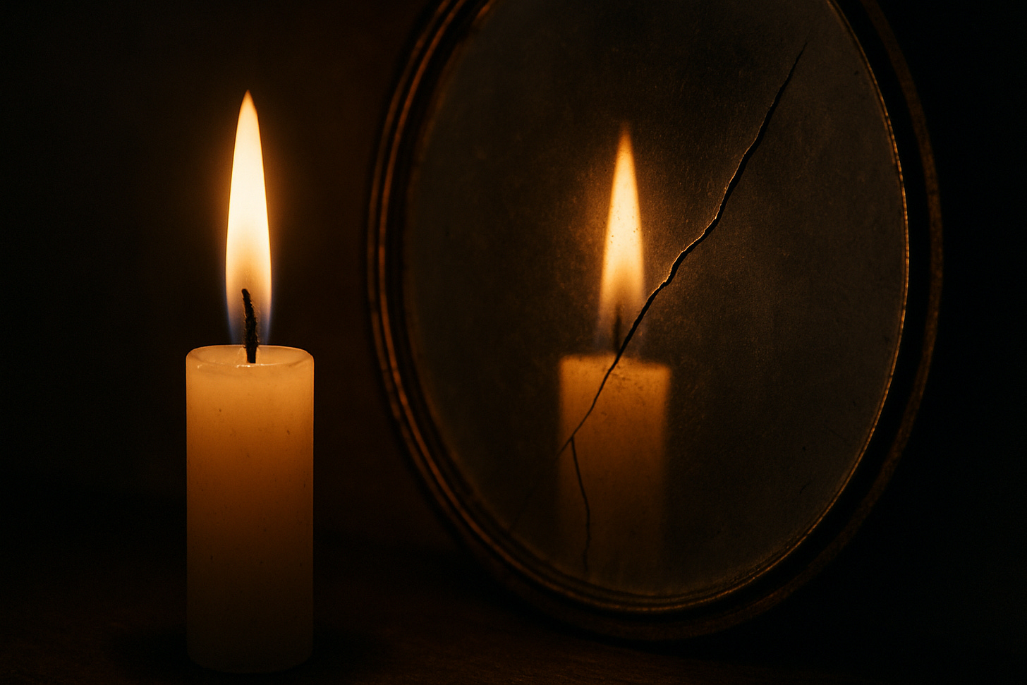 A small flame reflected in a cracked mirror — memory meeting desire.