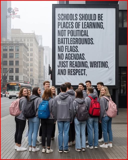 May be an image of 9 people, people studying and text that says 'HEARE HEARTBEDESTATES STATES SCHOOLS SHOULD BE PLACES OF LEARNING, NOT POLITICAL BATTLEGROUNDS. NO FLAGS. NO AGENDAS. JUST READING, WRITING, AND RESPECT, EAUNG Kmeblbl Coha MAGT lfcha SまいもS Maura 蓝105'