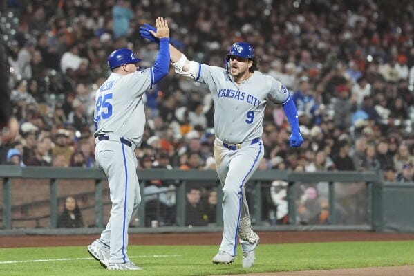 Vinnie Pasquantino rounds the bases after a two-run home run in Monday's 3-1 win in San Francisco.