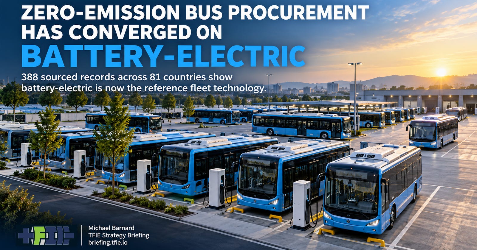 Battery-electric buses and charging infrastructure operating across varied transit settings.
