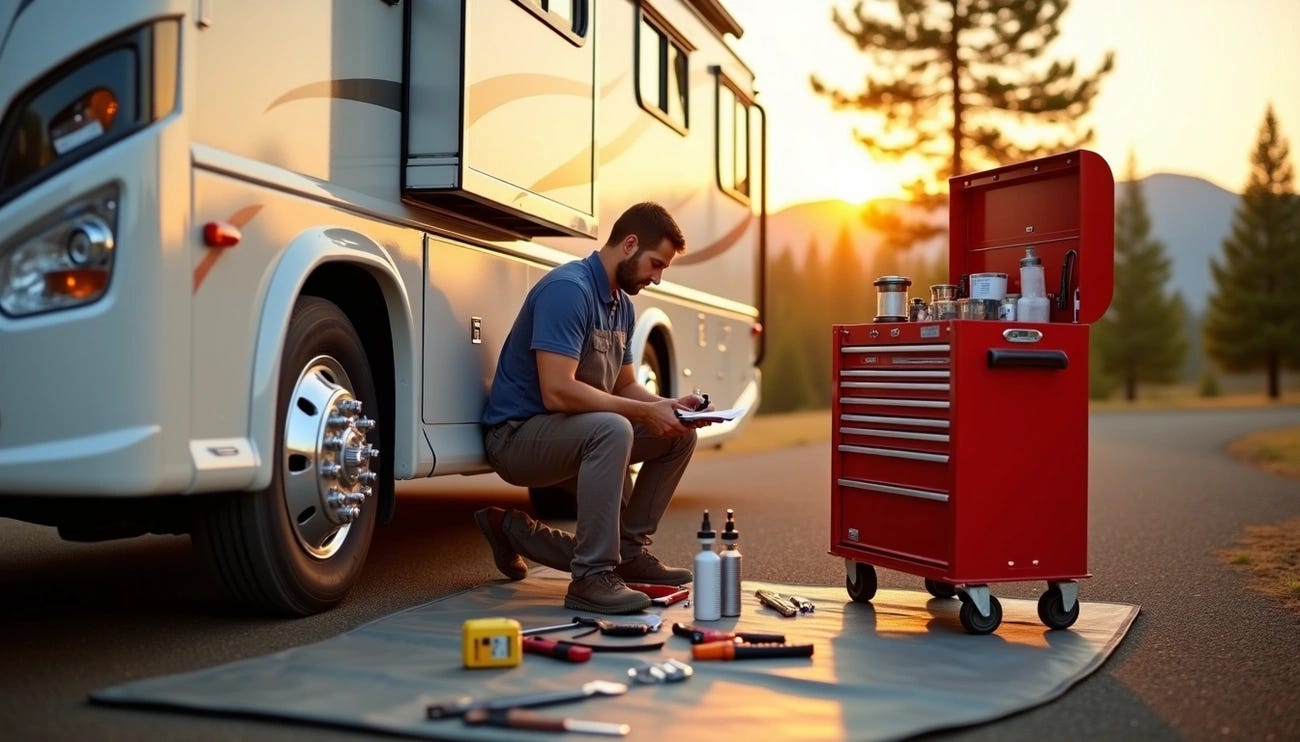 A man checks a maintenance checklist next to a camper and a red tool chest at sunset in a forested area.