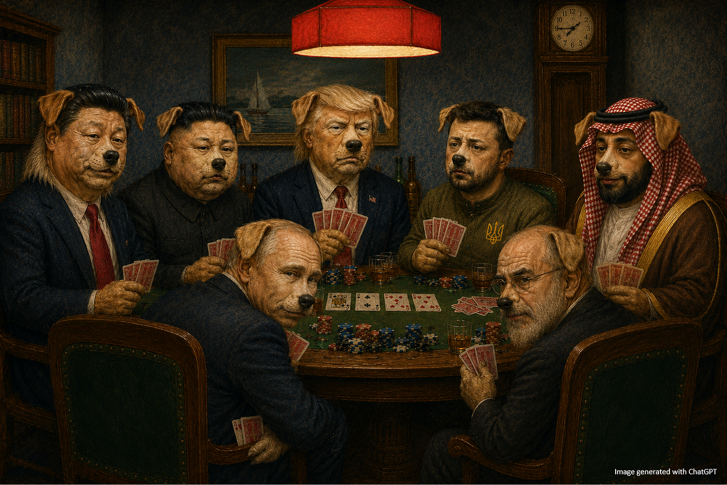 Picture based on the famous "Dogs Playing Poker" painting known as "A Friend In Need." The dogs are depicted as Chinese President Xi Jingping, North Korean Supreme Leader Kim Jong-Un, US President Donald Trump, Ukrainian Presidnt Vlodomir Zelenskyy, Saudi Crown Prince Muhammed Bin Salman al Saud, Russian President Vladmir Putin, and Iranian Speaker of the Parliament Mohammad Bagher Ghalibaf. Putin is slipping a card to Ghalibaf under the table.