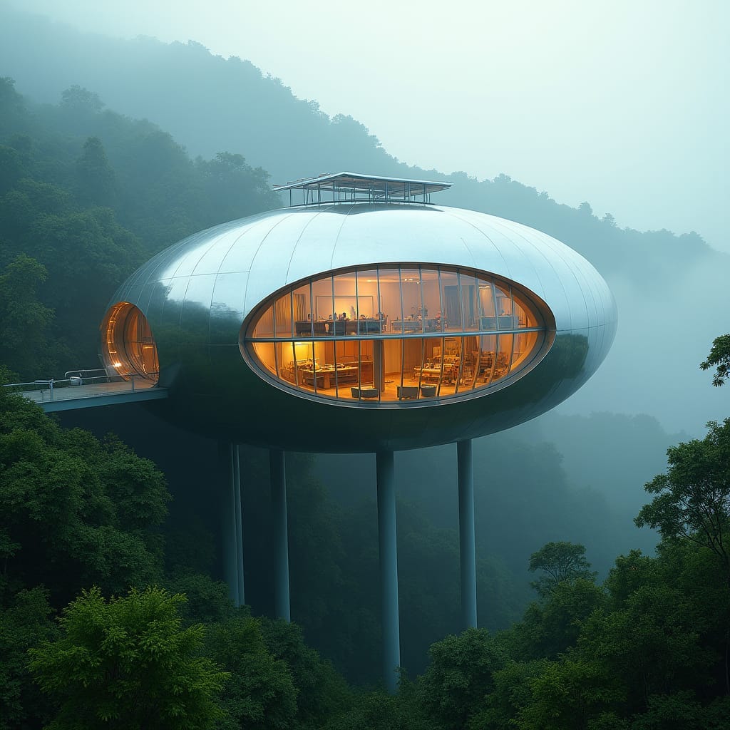 A futuristic, eco-friendly school, a massive sphere nestled into Jamaica's lush Blue Mountains, its reflective surface mirroring the surrounding forest, elevated on slender stilts, creating the illusion of floating above the landscape, with solar panels and natural ventilation blending seamlessly into the tropical environment. Inside, circular, multi-level rooms spiral around a central core, glass walls offering breathtaking, uninterrupted views of the misty mountains.