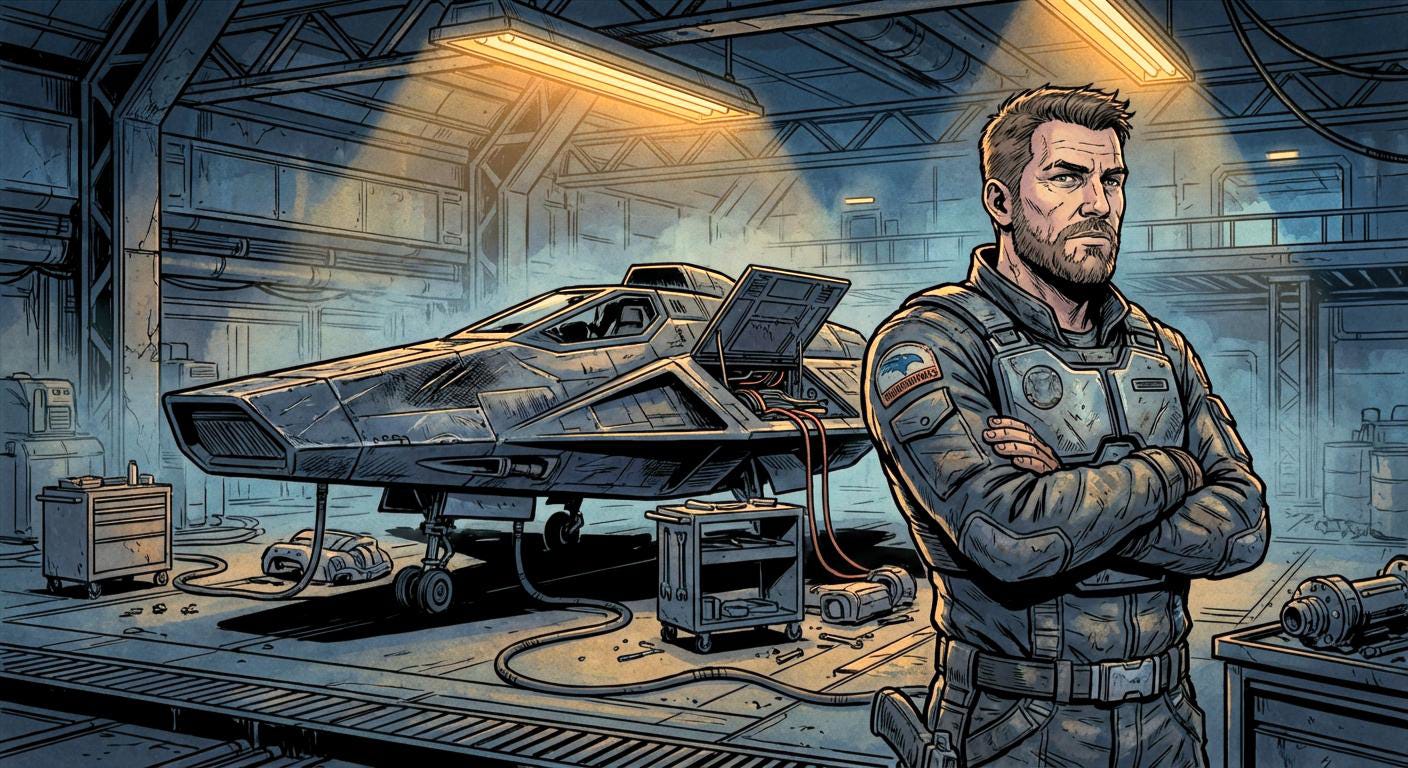 A rugged fighter pilot in a weathered flight suit stands with arms crossed in a dimly lit hangar bay. Behind him, a battle-scarred starfighter sits on the deck with its canopy open, surrounded by fuel lines and tool carts. Amber overhead lights cut through atmospheric haze. Comic book illustration style. Story art for Dead Reckoning, a Sci-Fi Signals story. A rugged fighter pilot in a weathered flight suit stands with arms crossed in a dimly lit hangar bay. Behind him, a battle-scarred starfighter sits on the deck with its canopy open, surrounded by fuel lines and tool carts. Amber overhead lights cut through atmospheric haze. Comic book illustration style. Story art for Dead Reckoning, a Sci-Fi Signals story.