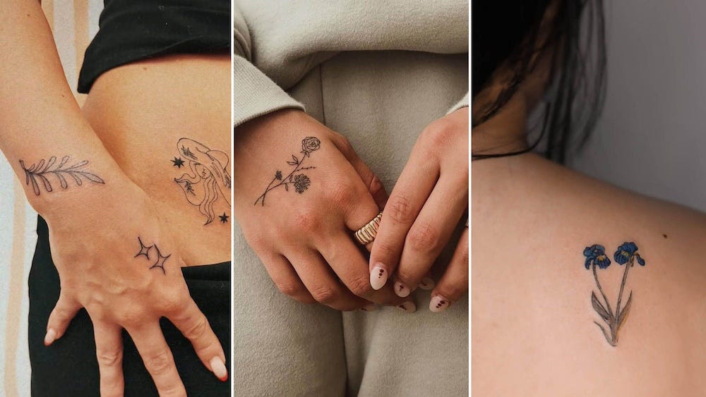 small tattoo trends 2025, including vines and stars on hand, roses on hand, and stemmy flowers