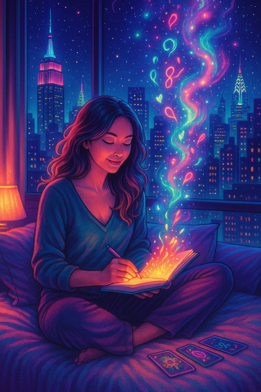 Illustration of a woman sitting cross-legged on her bed at night journaling with oracle cards beside her, while glowing magical energy rises from the notebook into the New York skyline outside her window.