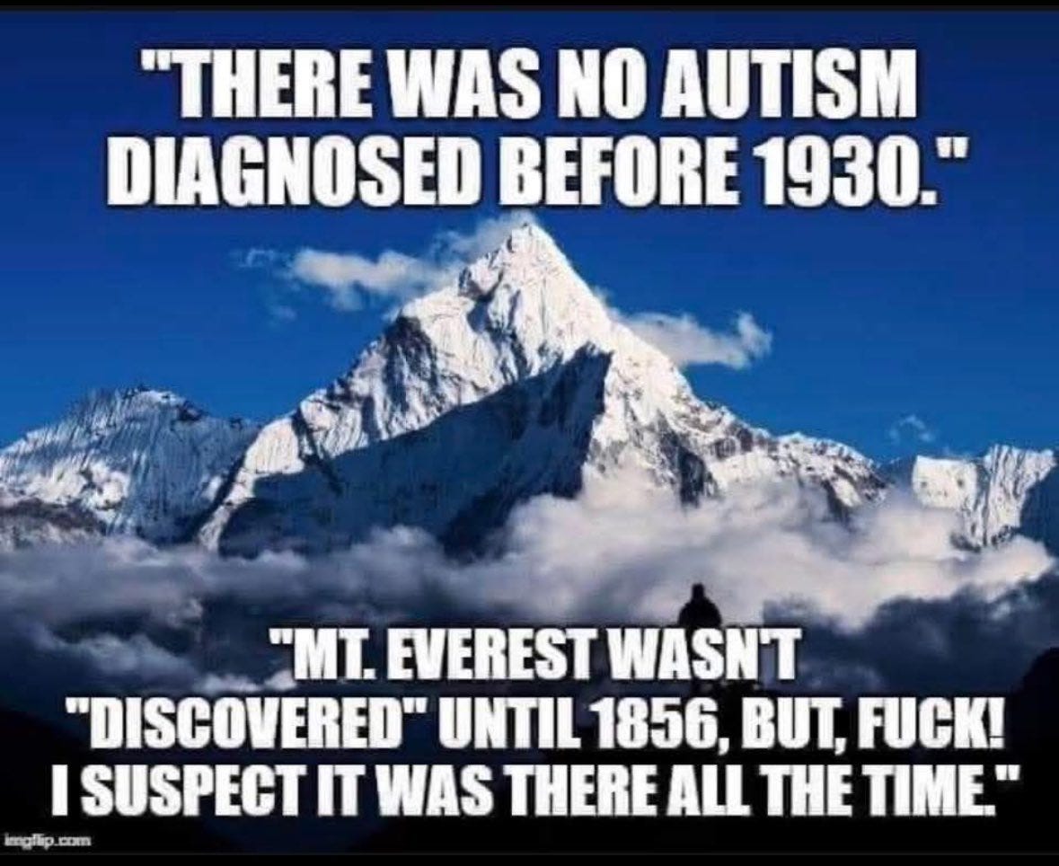 Snowy mountain under clear sky with text: "There was no autism diagnosed before 1930. Mt. Everest wasn't 'discovered' until 1856...," implying prior existence.