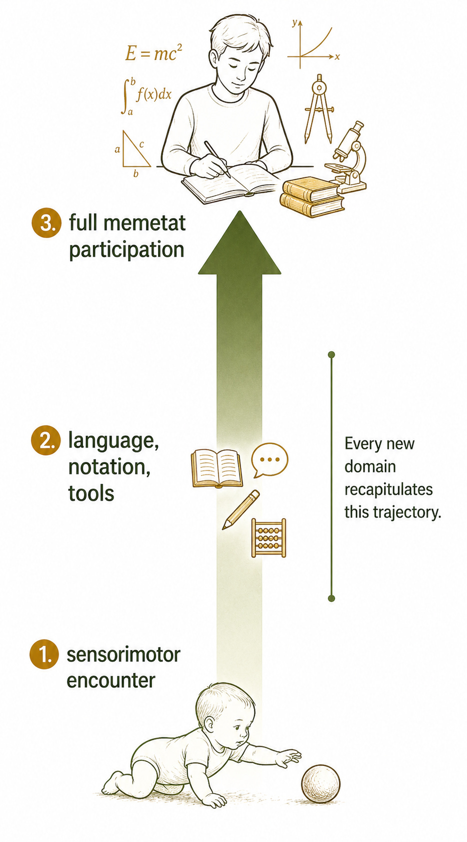 Our cognitive development starts with H-actions and learn to perform M-actions, and we continue to navigate and negotiate in that space between habitat and memetat.