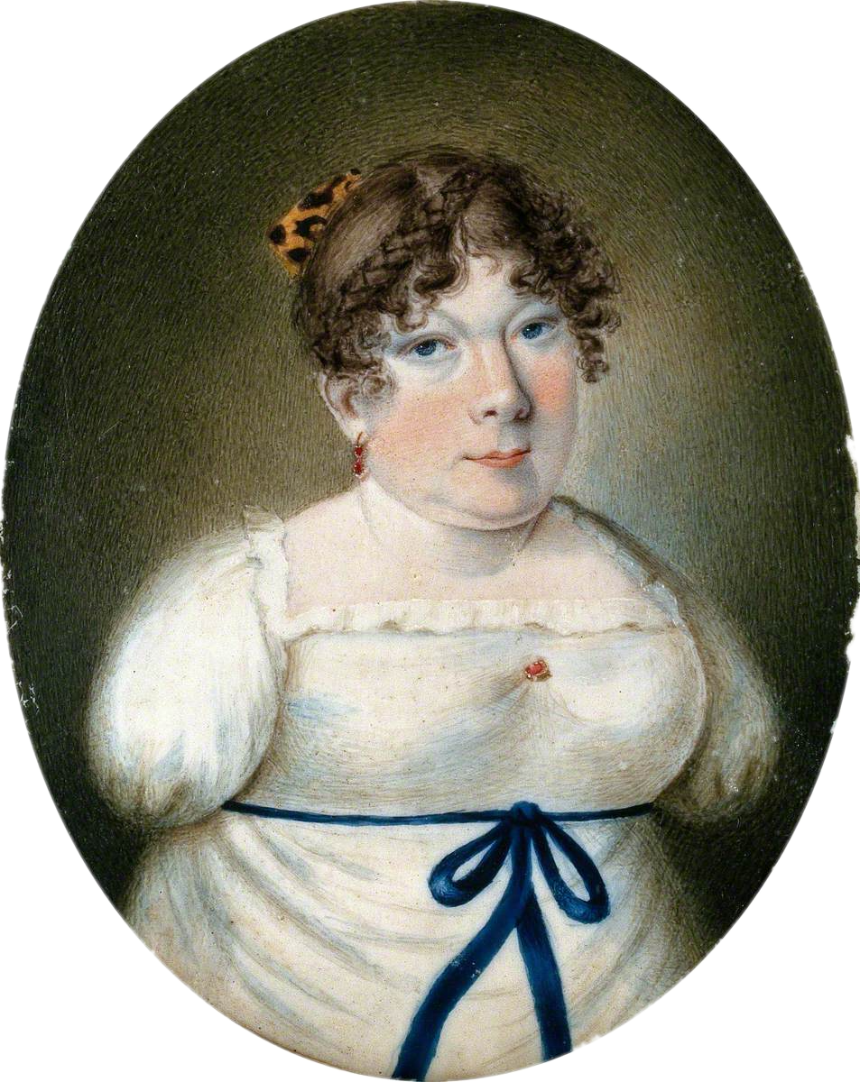 Self-portrait by Sarah Biffin. Watercolour on ivory in an oval shape. Biffin is a white woman wearing a simple white dress with rounded short sleeves revealing her limb difference. 