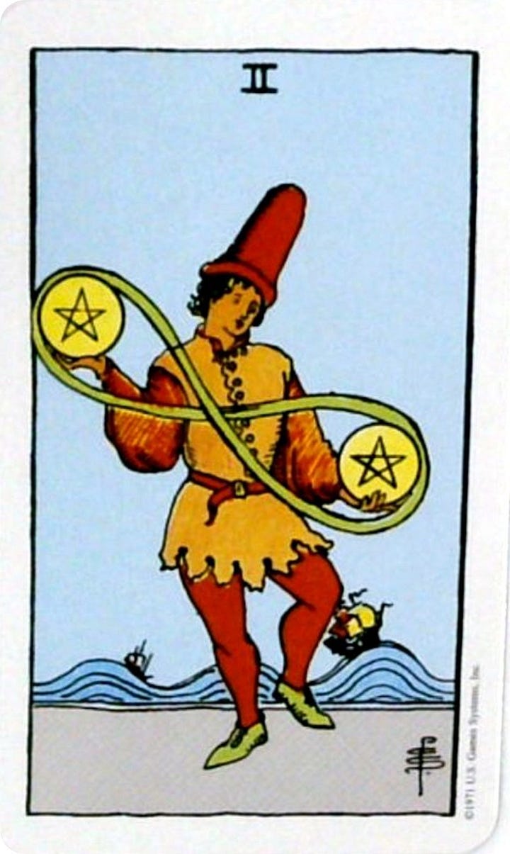 The 2 of Pentacles tarot card and the You’re Not for Everyone oracle card.