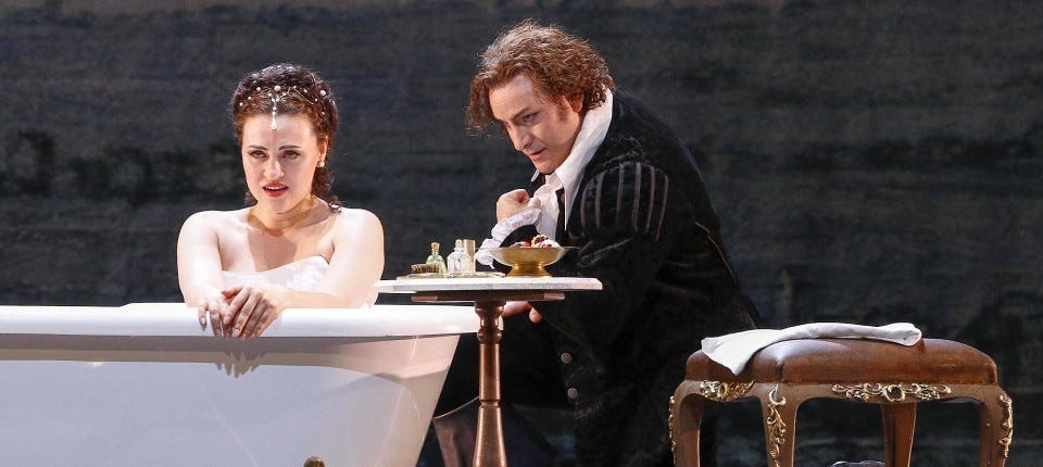 Venera Gimadieva as Marguerite de Valois, daughter of Catherine de’Medici and cousin of Maria de’Medici, with John Osborn as Raoul, in Les Huguenots at the Dresden Semperoper. (Photo: Daniel Koch) Venera Gimadieva as Marguerite de Valois, daughter of Catherine de’Medici and cousin of Maria de’Medici, with John Osborn as Raoul, in Les Huguenots at the Dresden Semperoper. (Photo: Daniel Koch)