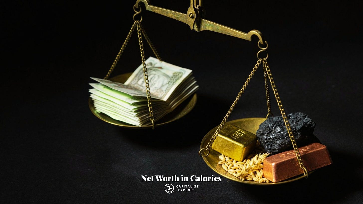 Balance scale weighing paper currency against gold bars coal and grain commodities