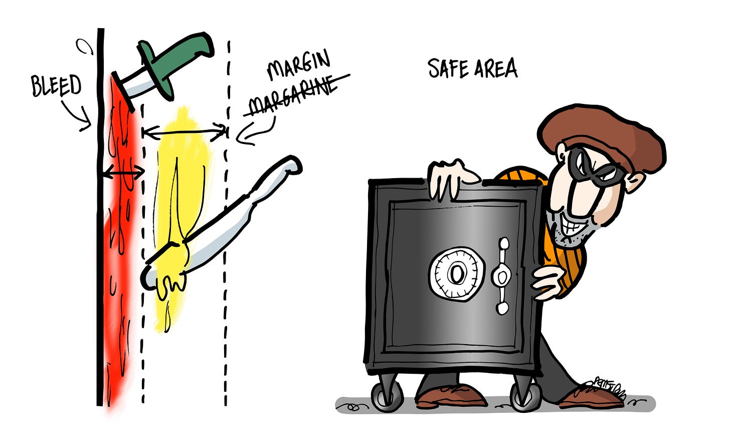 Illustration by Mark Armstrong. Knife plunged into far left edge of image with blood running down. Butter knife with margarine on it is spreading margarine on illustration next to blood stream. Right-center: a cliche cartoon burglar wearing a mask and a derby cap pulled down over his eyes is hiding behind a black floor safe with a combination dial. Text: bleed, margin, safe area.