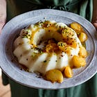 Biancomangiare, a Sicilian almond milk pudding with caramelised peaches